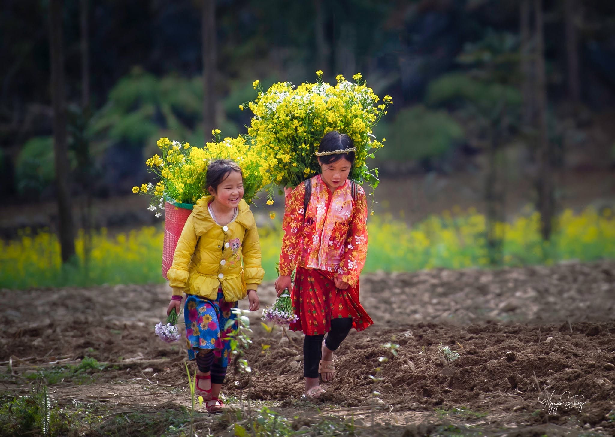 Hai đứa trẻ gùi trên đường