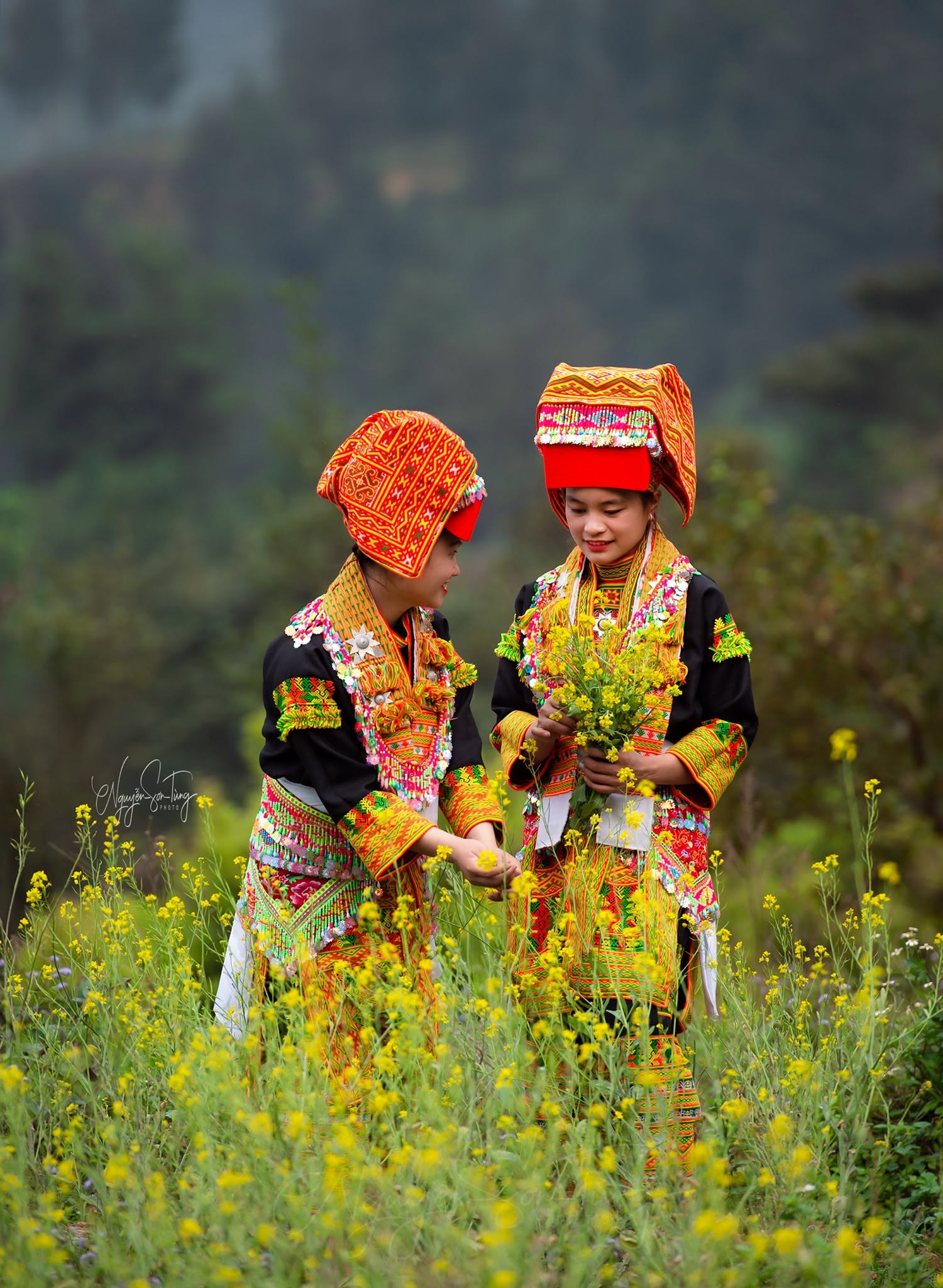 Hai người khăn cam giữa đồng cải